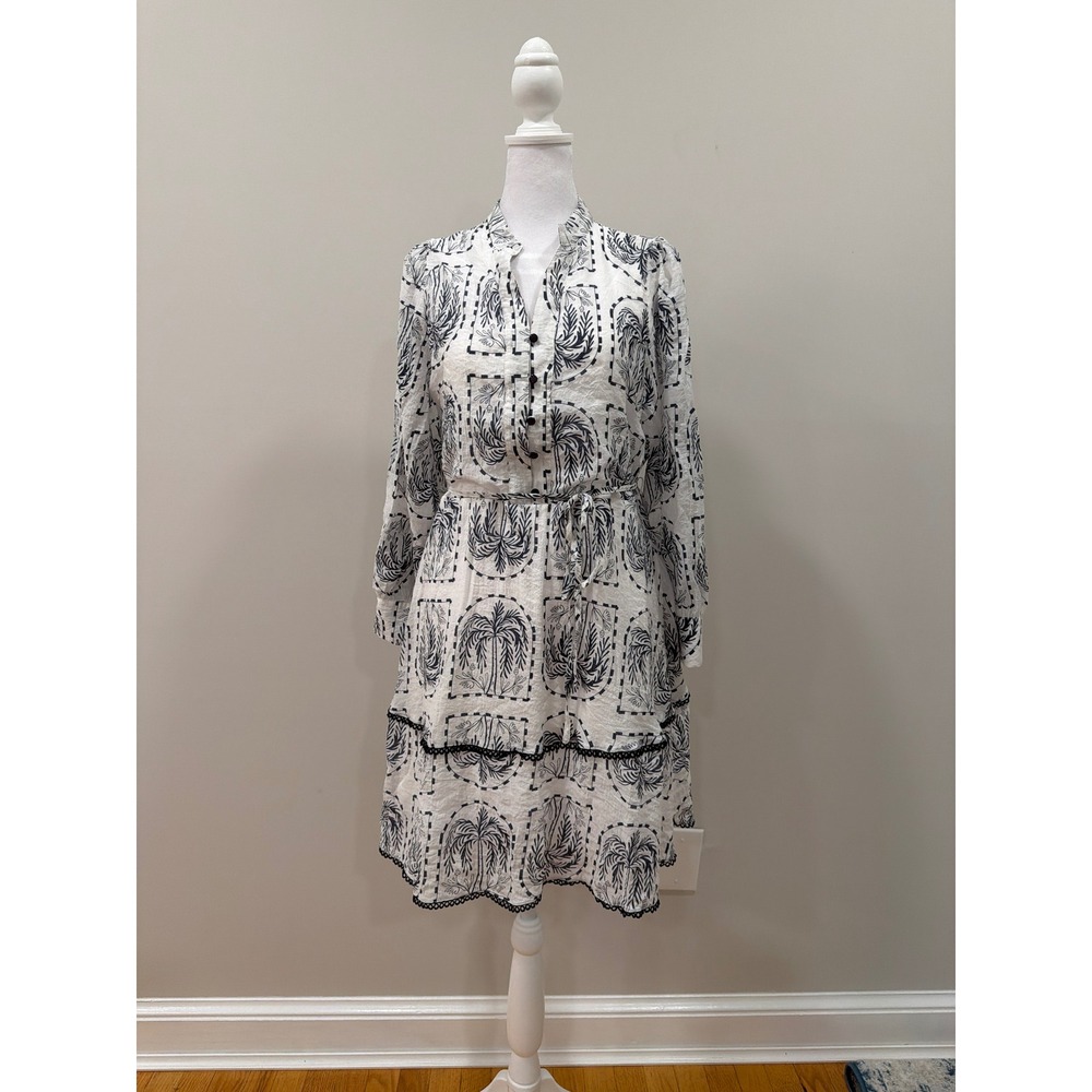 Sunny Girl Palm Tree Print Tiered Mini Dress White Navy Blue Lace Trim Size 10